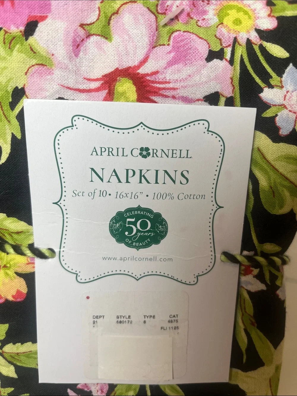 April Cornell Freesia Floral Napkins  Set of 10  Black Pink Green Cottage NWT